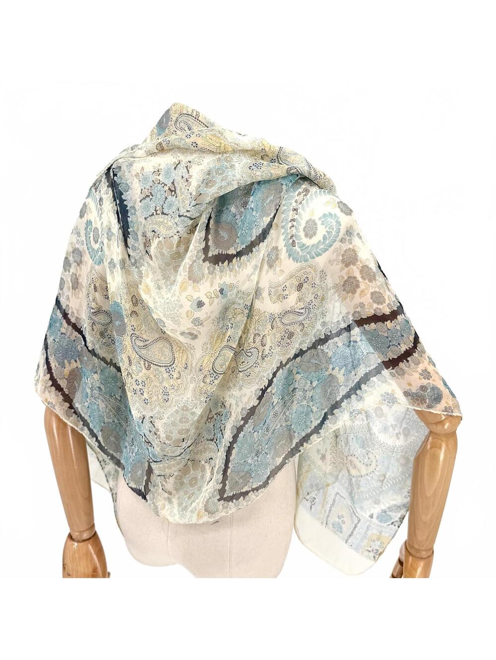 Vintage Y2K Liberty of London Cream Blue Silk Paisley Scarf - Picture 4 of 6